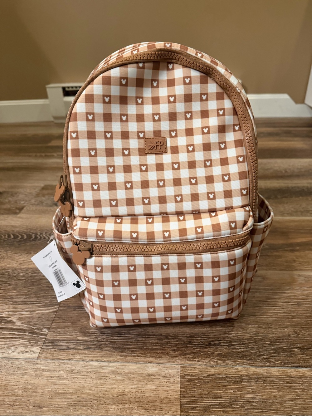 Freshly Picked Brown and Cream Gingham Diaper Backpack with Mickey Accent